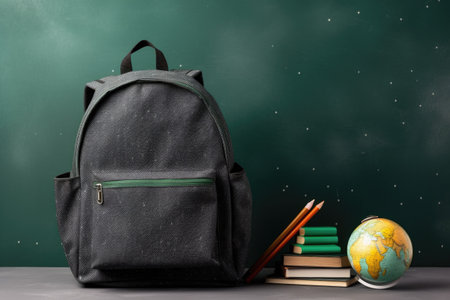 Back to school essentials displayed near green chalkboardの素材