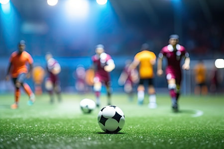 Blurred soccer stadium with players lights and artificial grass used as a sport backgroundの素材