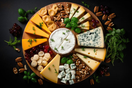 Assorted cheeses camembert brie Gorgonzola parmesan olives nuts herbs on black background Overhead vの素材
