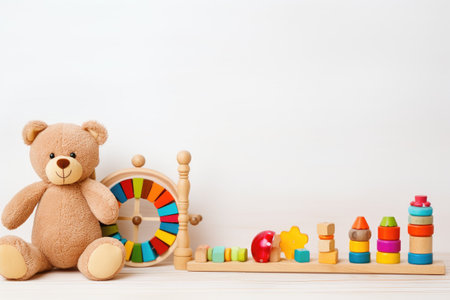 Baby kids toys on white background Teddy bear and wooden educational toys on desk Overhead viewの素材