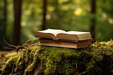 Books with old paper pages spread out on moss in a forest trees in the background emphasize the concの素材