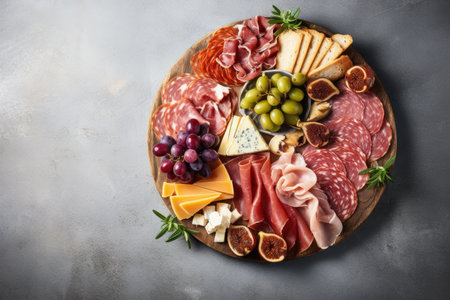 Assortment of Prosciutto di Parma salami bread sticks olives tomatoes grapes and nuts on rustic woodの素材