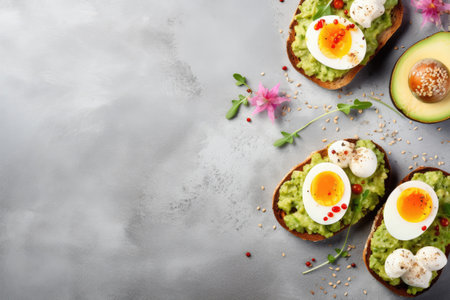 Avocado guacamole radish egg seeds on toast Nutritious and tasty plant based breakfast Flat lay topの素材