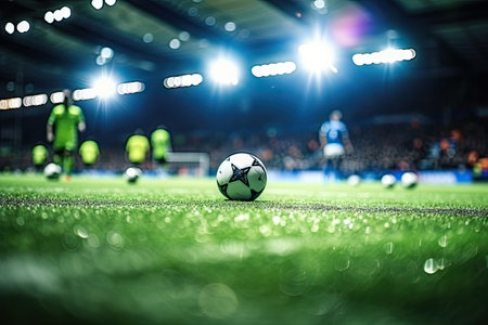 Blurred soccer stadium with players lights and artificial grass used as a sport backgroundの素材