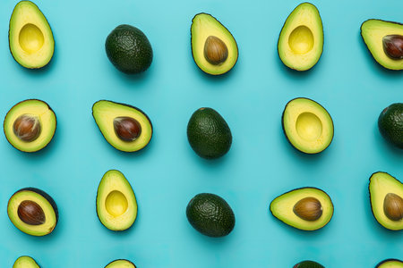 Avocado pop art design on blue background creative summer food conceptの素材