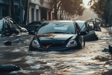 City streets flooded after heavy rain causing potential damage to cars Insurance claims for motor veの素材