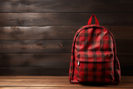 Backpack on wood backgroundの素材