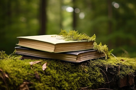Books with old paper pages spread out on moss in a forest trees in the background emphasize the concの素材