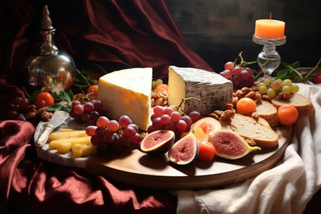 Cheese ham fruit jam bread sticks nuts presented on marble trayの素材