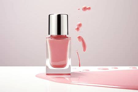 Close up of nail polish bottle dropping on white backgroundの素材