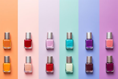 Colorful nail polish bottles on colorful background manicure and pedicure concept flat lay top viewの素材