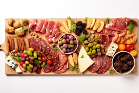 Buffet party with a variety of antipasti charcuterie snacks and cheese displayed on a wooden cuttingの素材