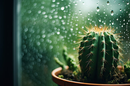 Cactus behind raindrops on a windowの素材