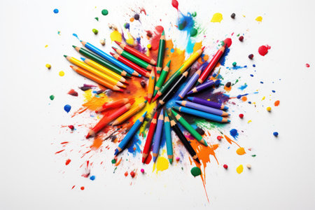 Colorful crayons and pastels scattered on white background with empty spaceの素材