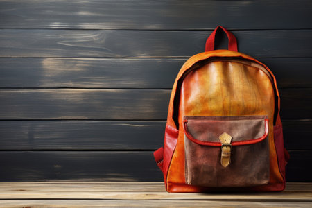 Backpack on wood backgroundの素材