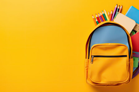 Back to school visual School supplies on backpack Overhead view Space to writeの素材