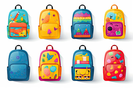 Banner design for backpacks with vibrant school supplies on white backdropの素材