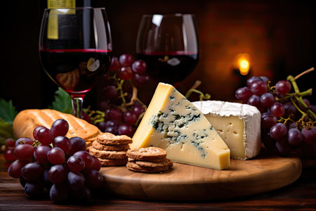 Cheese assortment red wine bottle dark grapes blurred backgroundの素材