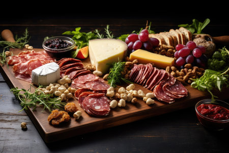 Colorful charcuterie tapas board with cheese smoked meats arugula and walnutsの素材