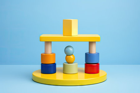 Colorful educational toys and geometric shapes on podium blue and yellow backgroundの素材