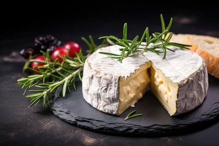 Camembert or brie cheese with rosemary and pepper on dark stone backgroundの素材