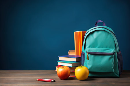 Colorful school supplies and books on a desk with a classic backpackの素材