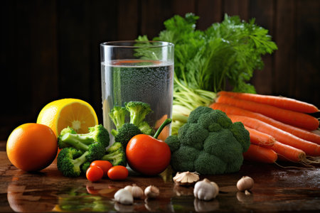 Concept of nutritious food including broccoli peppers carrots whole grains waterの素材