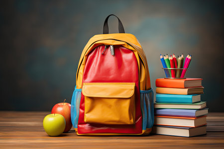 Colorful school supplies and books on desk classic backpackの素材