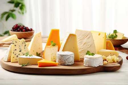 Different cheese types on a light wooden backdropの素材
