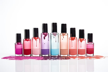 Dripping nail polish from bottles on white backgroundの素材