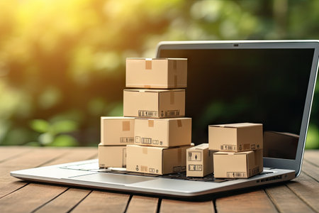 Customers use retailer sites to order products online and have them deliveredの素材