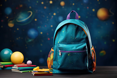 Colorful stationery on a table with a backpack Design for a bannerの素材