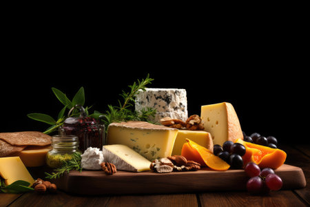 Different cheeses on a wooden board Empty space for text Dark atmosphereの素材