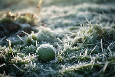 Freezing ground frosted grass football fieldの素材