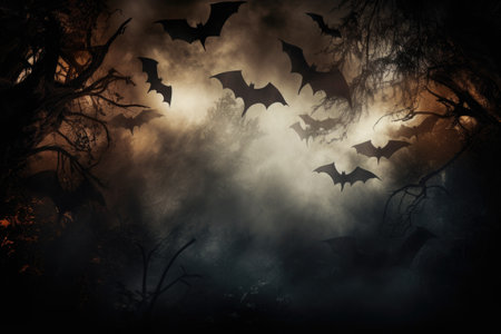 Dark forest backdrop with bats and Halloween magic Copy space for text Wide screenの素材