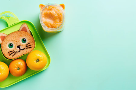 Cute cat sandwich boiled egg mouse back to school breakfast with lunch box orange juice green appleの素材