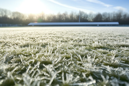 Freezing ground frosted grass football fieldの素材