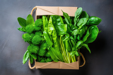 Fresh green leafy produce in a paper bag for vegan shopping or delivery seen from aboveの素材