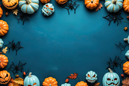 Halloween theme with pumpkin frame and spooky elements on blue backgroundの素材