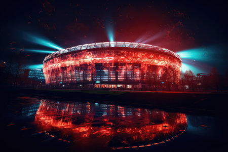 Illuminated football stadium at nightの素材