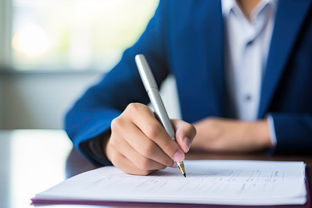 Exam taking student in uniform writing on paper in a classroomの素材