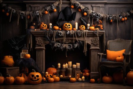 Halloween themed photo area with a fireplace and festive decorの素材