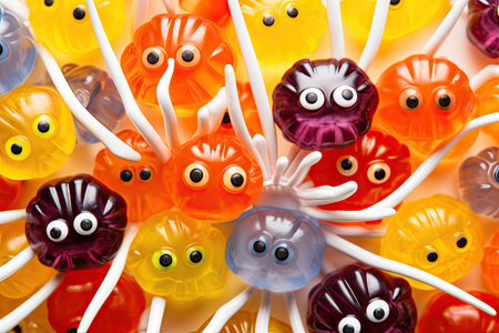 Halloween themed decorations with candy spiders and bats on a white backgroundの素材