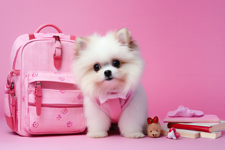 Cuddly canine academic bag and supplies on rosy backdropの素材