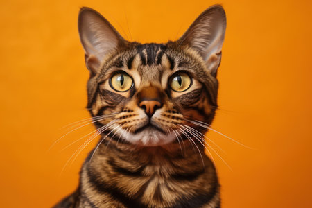 brown bengal cat portrait making funny face licking lips with mouth open looking at camera on orangeの素材