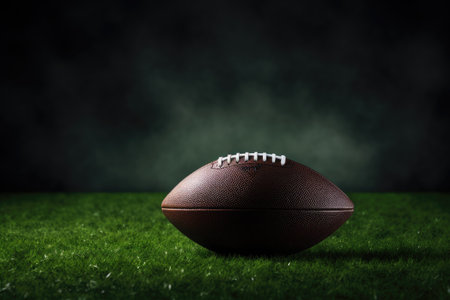 American football on grass on dark backdrop Team sport ideaの素材