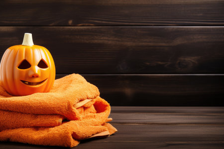Pumpkin with towel wooden backgroundの素材