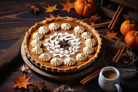 Thanksgiving pumpkin pie with homemade pastry topped with whipped cream and cinnamon on rustic backgの素材