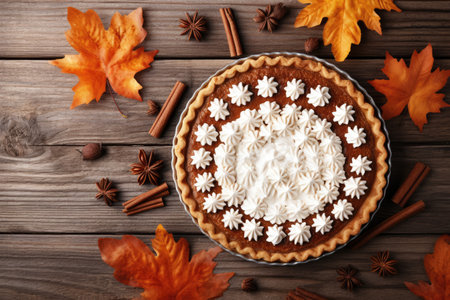 Thanksgiving pumpkin pie with whipped cream pecans and cinnamon on a wood backgroundの素材