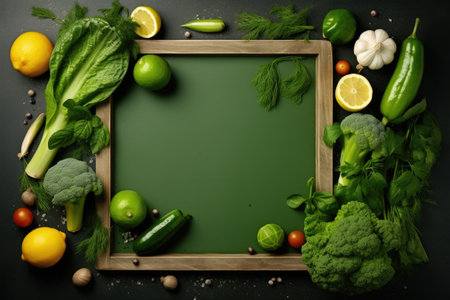 Fresh vegetables in wooden frame on green kitchen backgroundの素材